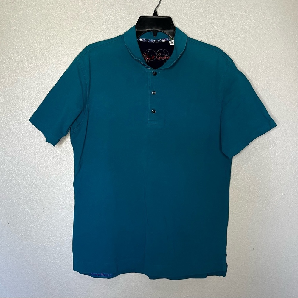 Robert Graham Polo Shirt Men Medium Teal Patterned Collar Classic Fit Casual